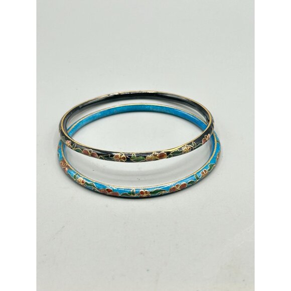 Set of 2 Cloisonne Enamel Bangles with Floral Design Black & Blue Thin Bracelets - Picture 2 of 6